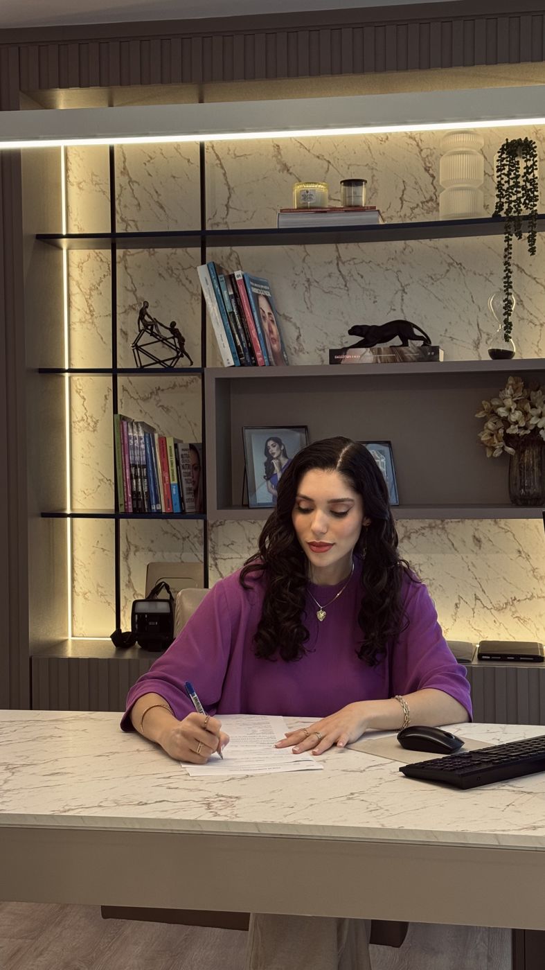 Dra. Beatriz escrevendo o plano de tratamento na mesa do consultório